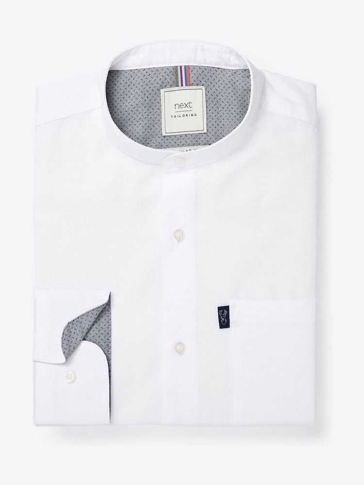 White Grandad Collar Regular Fit Button Down Easy Iron Oxford Shirt - Image 6 of 10