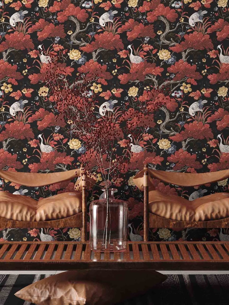 Woodchip & Magnolia Red Crane Bird Wallpaper - Image 1 of 3