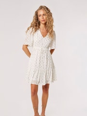 Apricot Cream Foil V-Neck Tie Thru Angel Sleeve Dress - Image 1 of 4