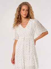 Apricot Cream Foil V-Neck Tie Thru Angel Sleeve Dress - Image 2 of 4