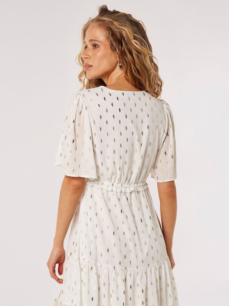 Apricot Cream Foil V-Neck Tie Thru Angel Sleeve Dress - Image 4 of 4