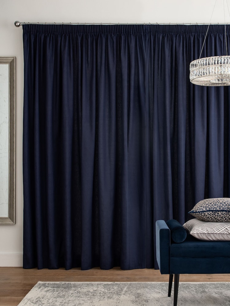 Blue Navy Cotton Blackout/Thermal Pencil Pleat Curtains - Image 3 of 8