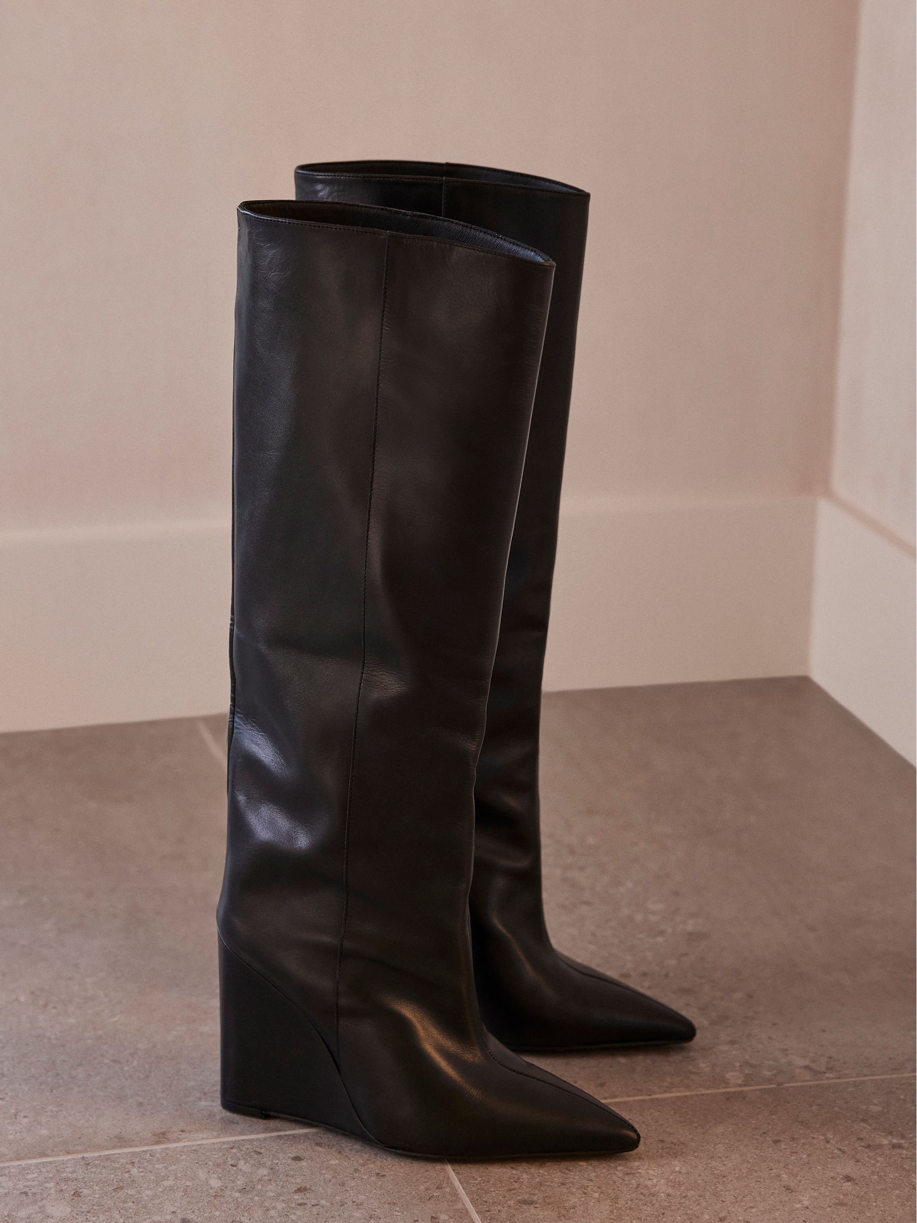Buy Mint Velvet Black Leather Wedge Boots from Next Luxembourg