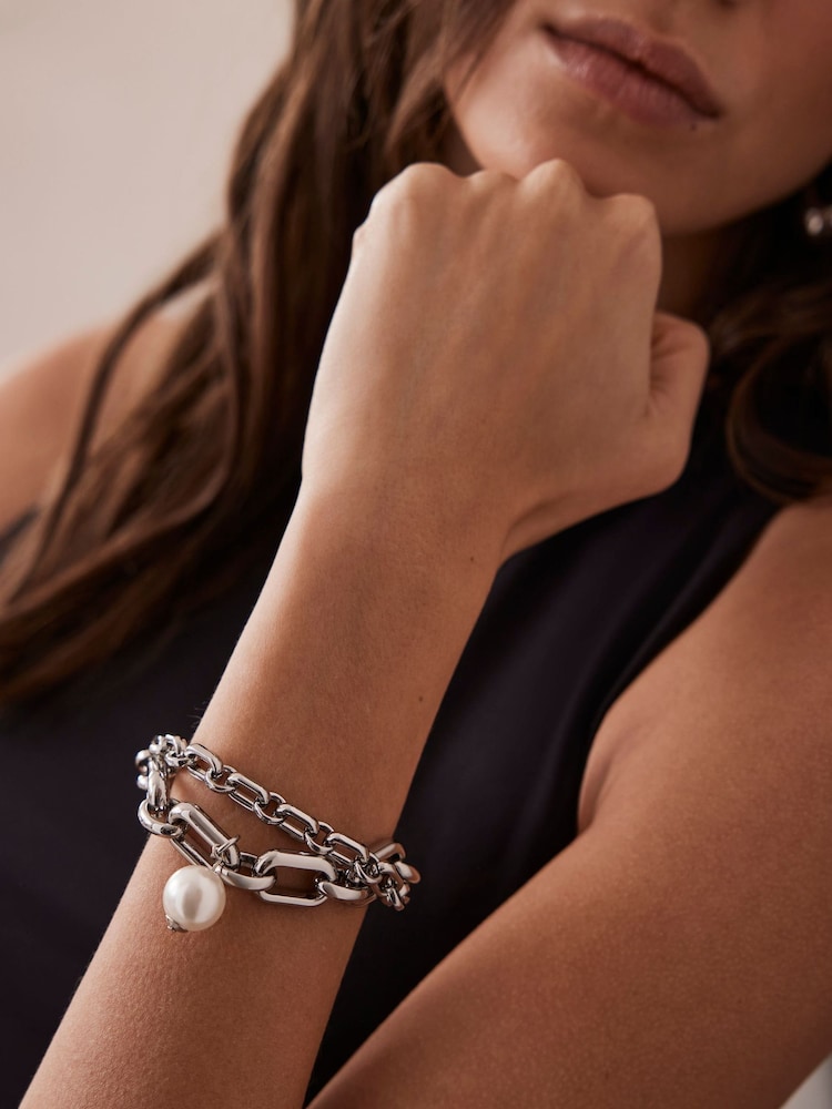Mint Velvet Silver/cream Layered Bracelet - Image 1 of 2 Mint Velvet Silver/cream Layered Bracelet - Image 1 of 2