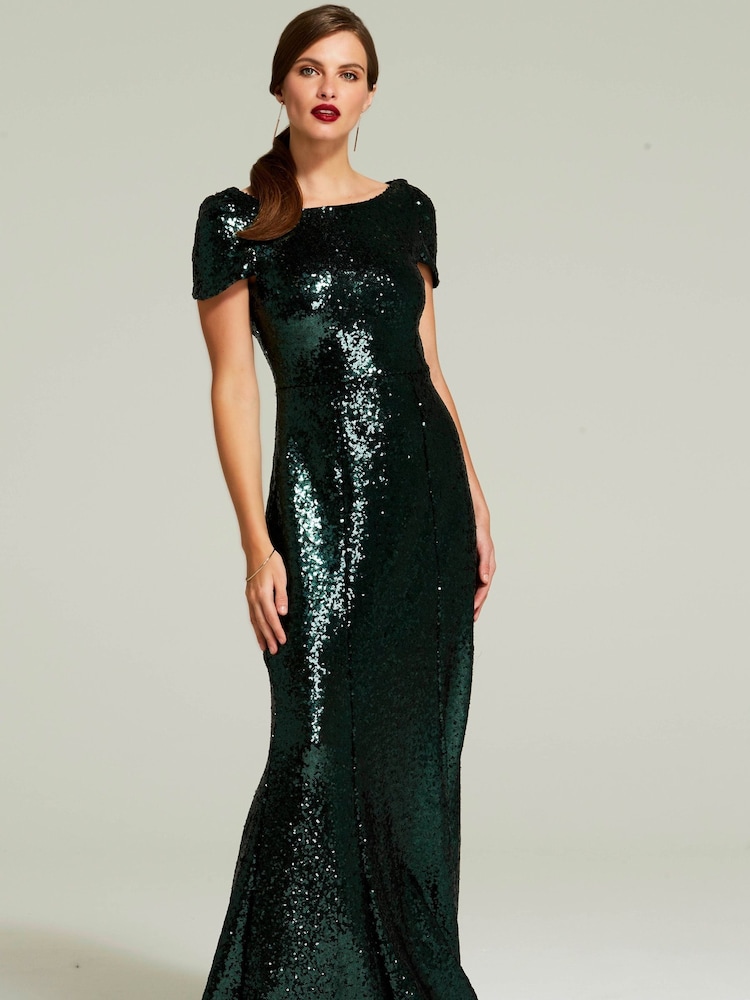 HotSquash Green Cowl Back Sequinned Fishtail Maxi Dress - Image 3 of 7
