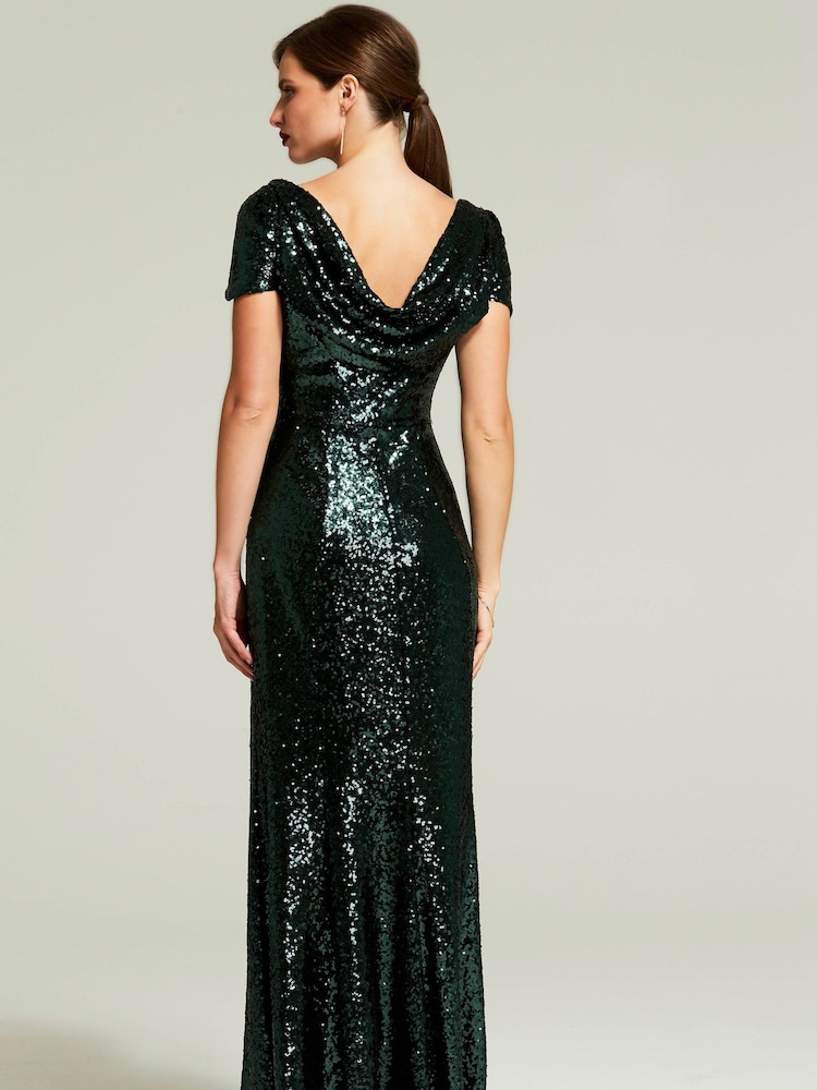 HotSquash Green Cowl Back Sequinned Fishtail Maxi Dress - Image 4 of 7