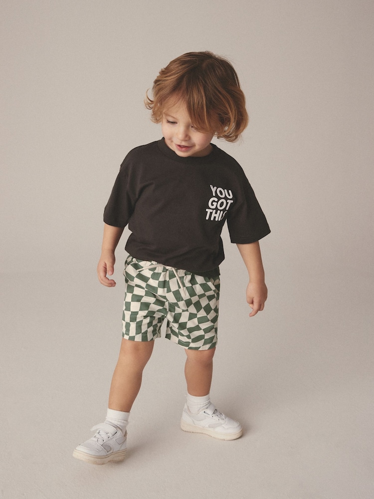 Green/Ecru Checkerboard 100% Cotton Pull-On Shorts (3mths-7yrs) - Image 2 of 7