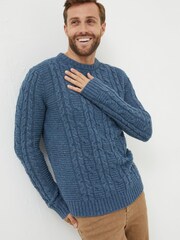 FatFace Blue Funtley Cable Crew Jumper - Image 1 of 5