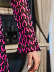 Sosandar Pink Black Fluted Cuff Fit And Flare Dress - Image 5 of 5