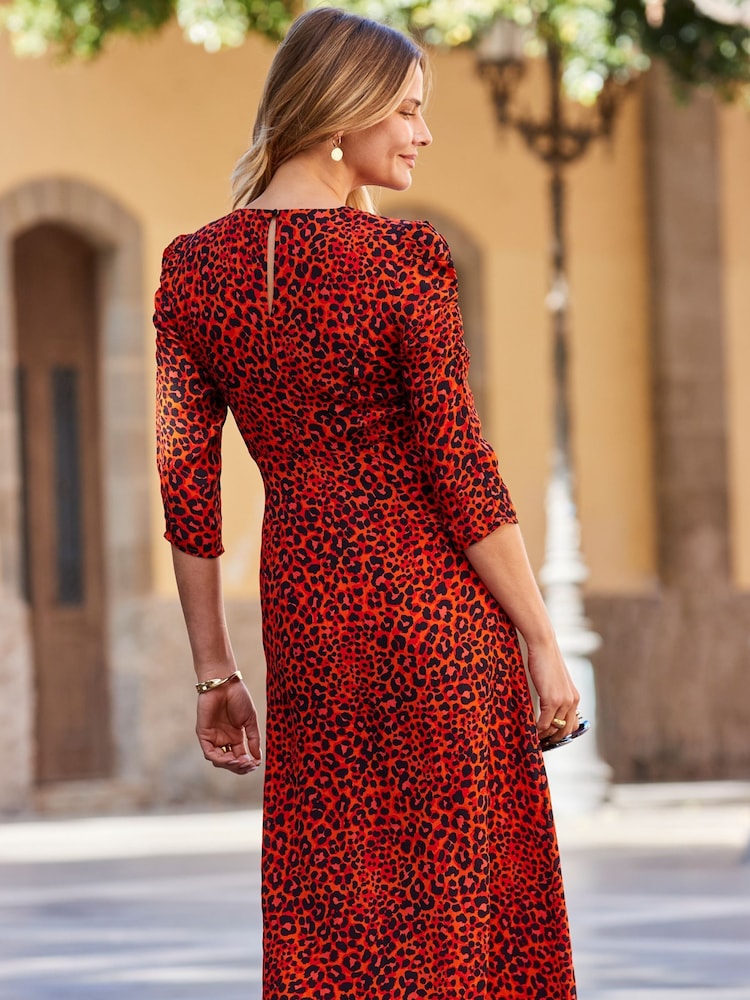 Sosandar Red Ruched Shoulder Midi Dress - Image 2 of 5 Sosandar Red Ruched Shoulder Midi Dress - Image 2 of 5