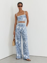 Reiss Blue Mila Petite Linen Wave-Trim Wide-Leg Trousers - Image 1 of 8