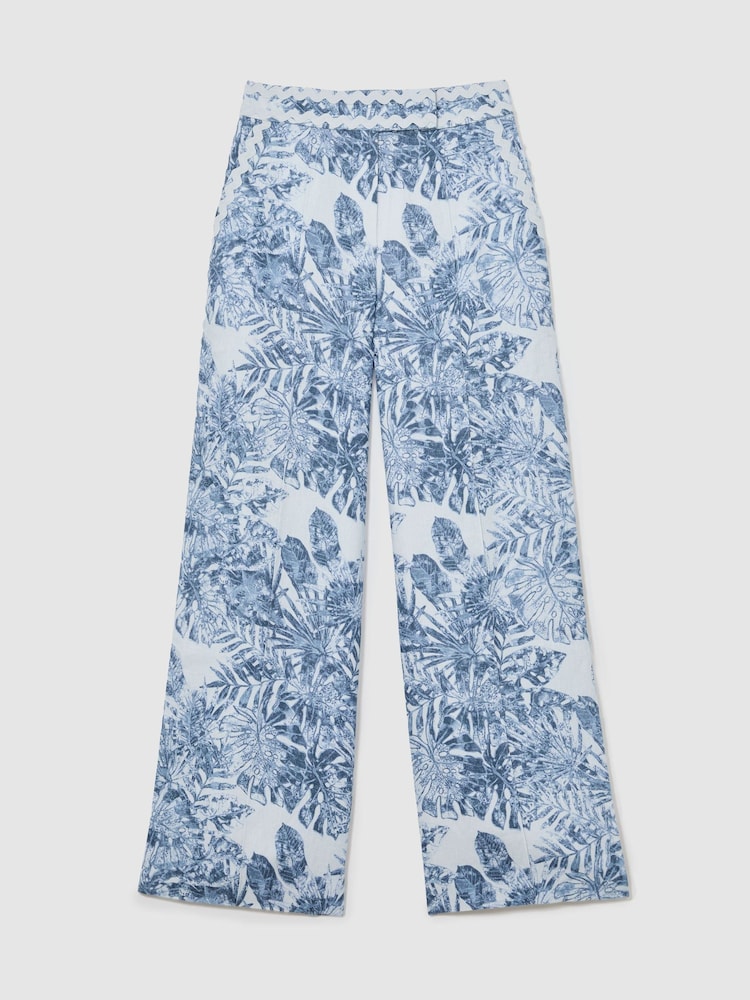 Reiss Blue Mila Petite Linen Wave-Trim Wide-Leg Trousers - Image 2 of 8 Reiss Blue Mila Petite Linen Wave-Trim Wide-Leg Trousers - Image 2 of 8