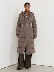 Reiss Taupe Neutral Larissa Belted Longline Hooded Puffer Coat - Image 5 of 8