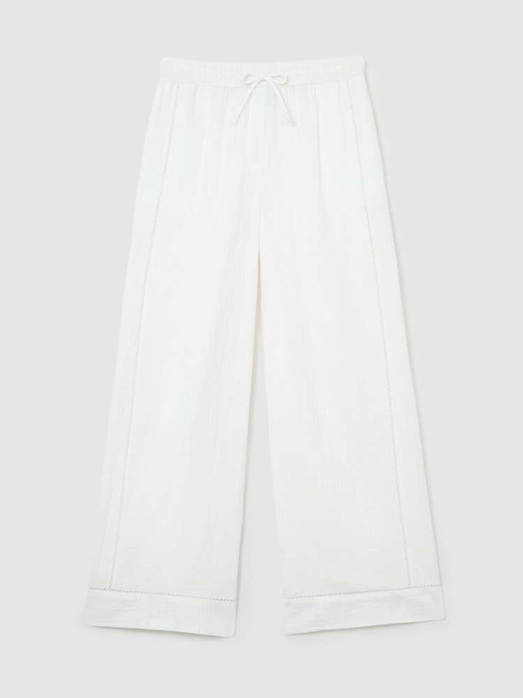 Reiss White Rue Petite Cotton Cheesecloth Wide-Leg Trousers - Image 2 of 8 Reiss White Rue Petite Cotton Cheesecloth Wide-Leg Trousers - Image 2 of 8