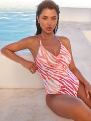 White/Pink Zebra Foil Halterneck Tummy Shaping Control Beaded Swimsuit - Image 1 of 7