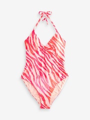 White/Pink Zebra Foil Halterneck Tummy Shaping Control Beaded Swimsuit - Image 7 of 7
