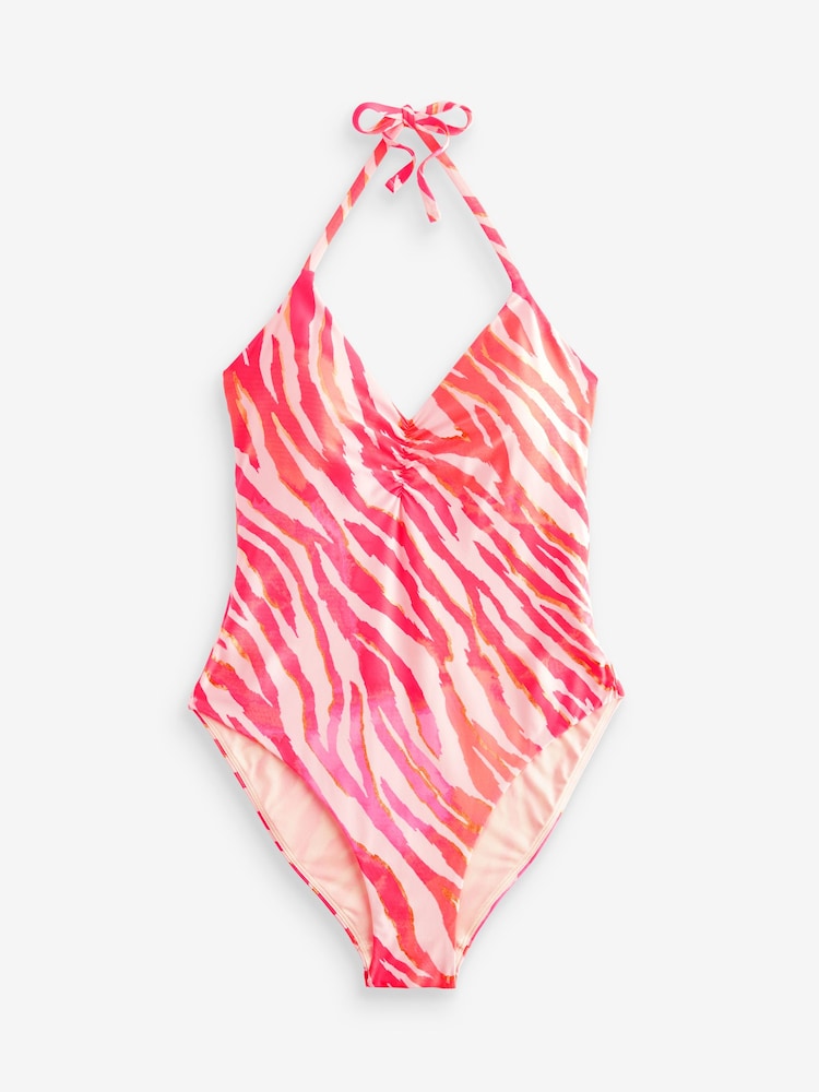 White/Pink Zebra Foil Halterneck Tummy Shaping Control Beaded Swimsuit - Image 7 of 7