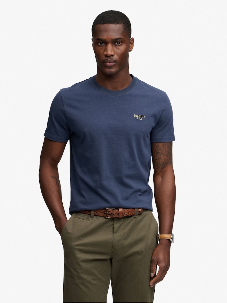 SUPERDRY Blue SUPERDRY Essential Serif Logo Embroidered T-Shirt - Image 2 of 7 SUPERDRY Blue SUPERDRY Essential Serif Logo Embroidered T-Shirt - Image 2 of 7