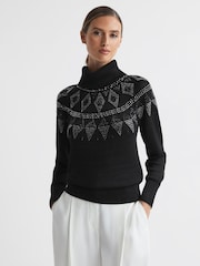 Reiss Black Bella Embellished Fairisle Pattern Removable Roll Neck Jumper - Image 1 of 6