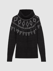 Reiss Black Bella Embellished Fairisle Pattern Removable Roll Neck Jumper - Image 2 of 6