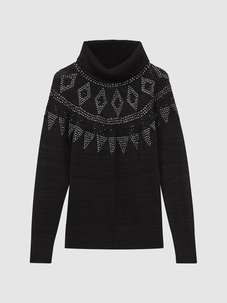 Reiss Black Bella Embellished Fairisle Pattern Removable Roll Neck Jumper - Image 2 of 6