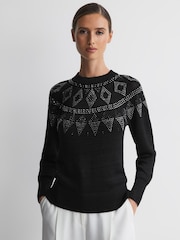 Reiss Black Bella Embellished Fairisle Pattern Removable Roll Neck Jumper - Image 4 of 6
