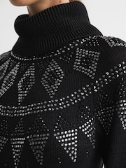 Reiss Black Bella Embellished Fairisle Pattern Removable Roll Neck Jumper - Image 5 of 6