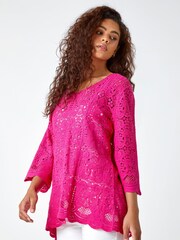 Roman Pink Crochet V-Neck 3/4 Sleeve 100% Cotton Tunic Top - Image 1 of 5