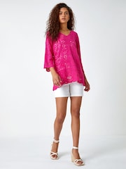 Roman Pink Crochet V-Neck 3/4 Sleeve 100% Cotton Tunic Top - Image 3 of 5