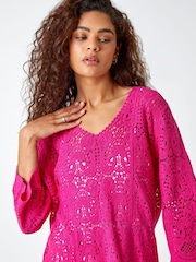 Roman Pink Crochet V-Neck 3/4 Sleeve 100% Cotton Tunic Top - Image 4 of 5