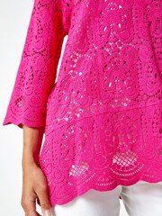Roman Pink Crochet V-Neck 3/4 Sleeve 100% Cotton Tunic Top - Image 5 of 5