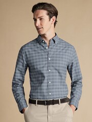 Charles Tyrwhitt Grey Slim Fit Flint Gingham Button-Down Washed Oxford 100% Cotton Shirt - Image 1 of 7