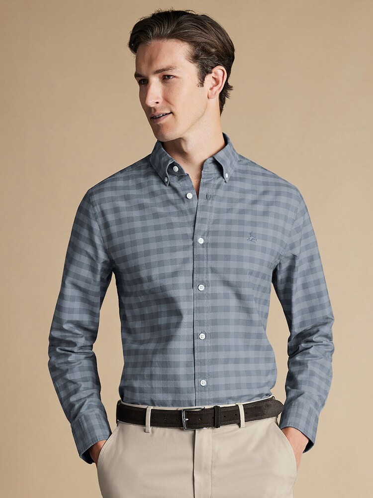 Charles Tyrwhitt Grey Slim Fit Flint Gingham Button-Down Washed Oxford 100% Cotton Shirt - Image 1 of 7