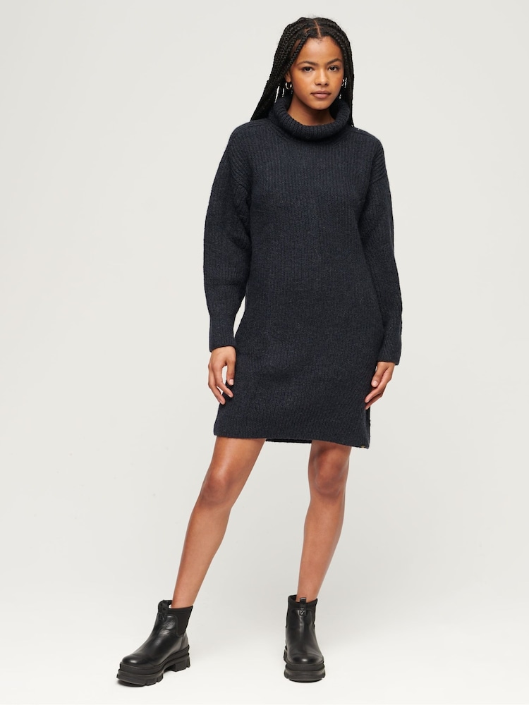 Superdry Blue 100% Cotton Knitted Roll Neck jumper Dress - Image 2 of 5