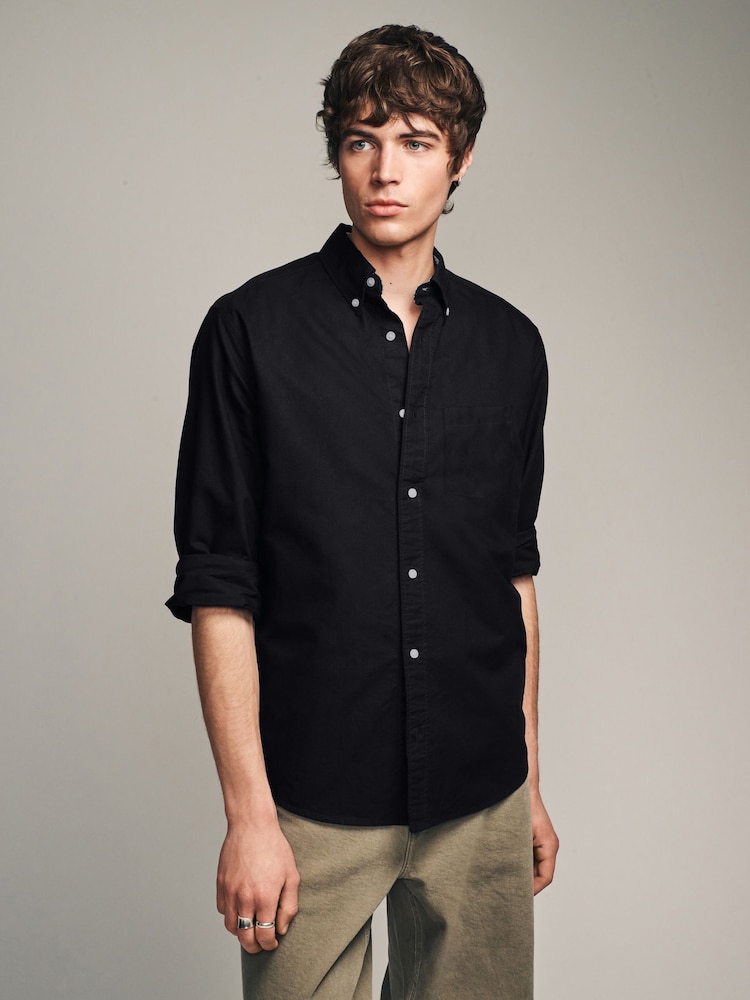 Black Slim Fit Long Sleeve Oxford Shirt - Image 1 of 8