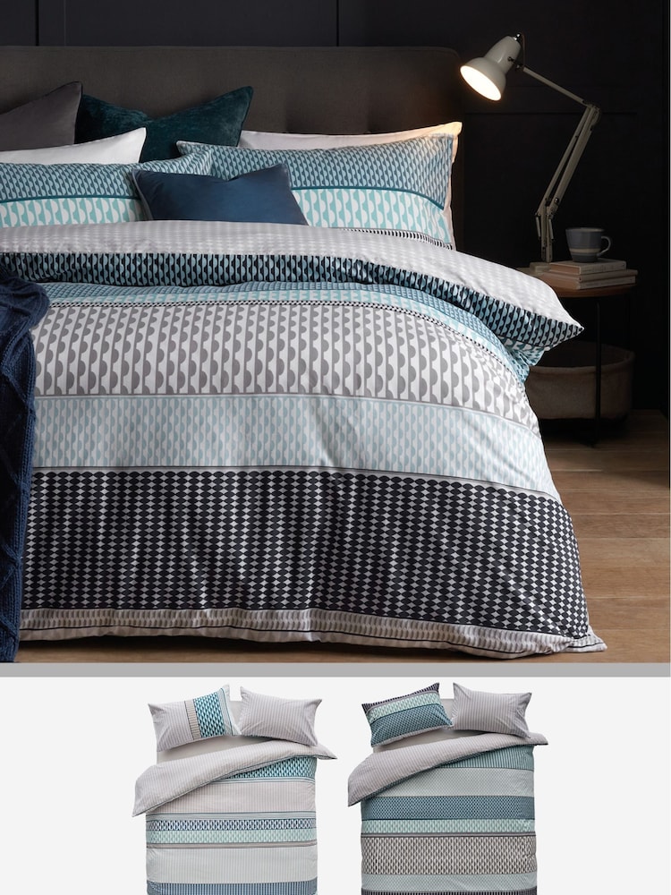 2 Pack Teal Blue Geo Reversible Duvet Cover and Pillowcase Set - Image 1 of 4