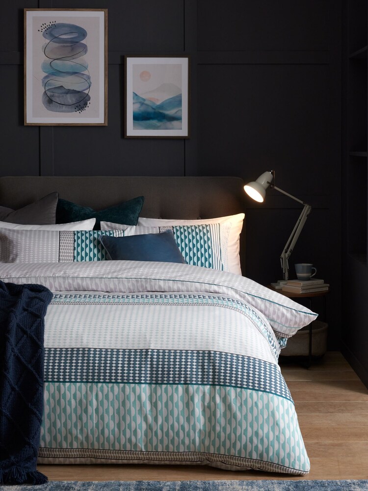 2 Pack Teal Blue Geo Reversible Duvet Cover and Pillowcase Set - Image 2 of 4