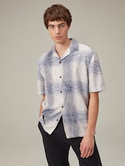 White/Blue Linen Blend Check Short Sleeve Shirt - Image 1 of 7
