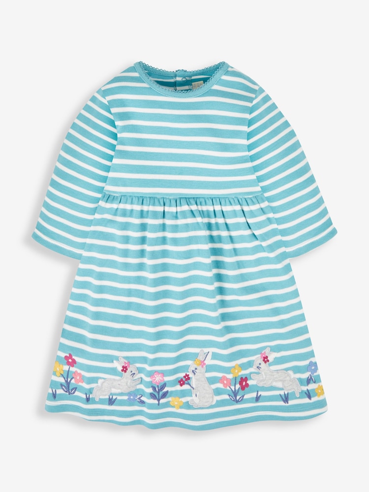 JoJo Maman Bébé Duck Egg Green Bunny Girls' Stripe Appliqué Dress - Image 1 of 3