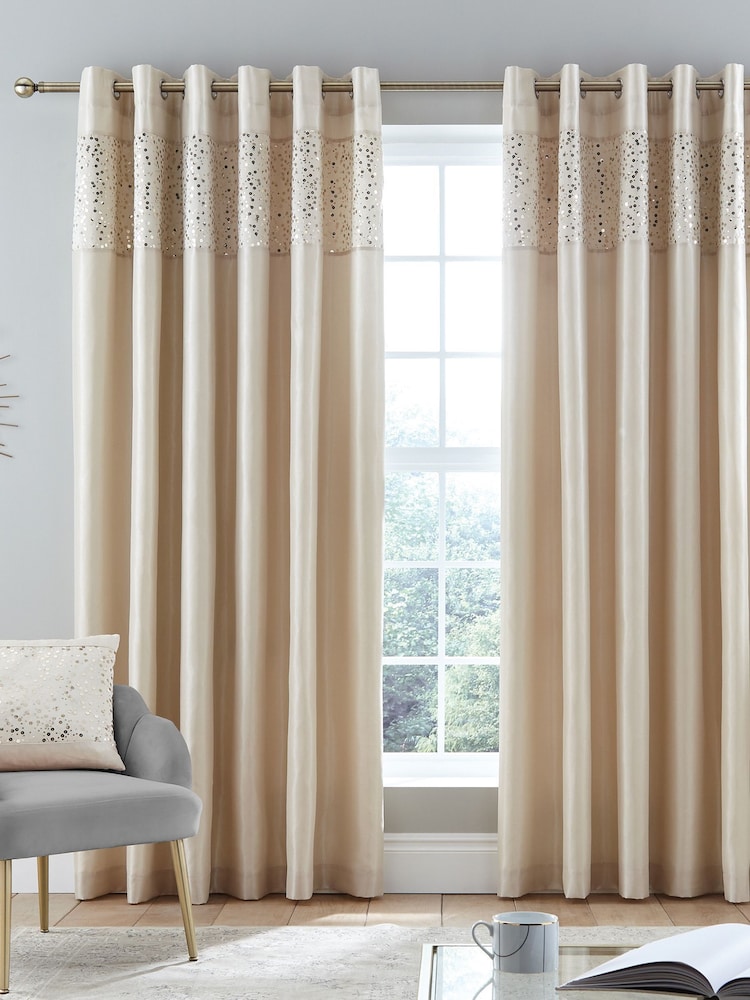 Catherine Lansfield Natural Glitzy Sequin Eyelet Lined Curtains - Image 2 of 3