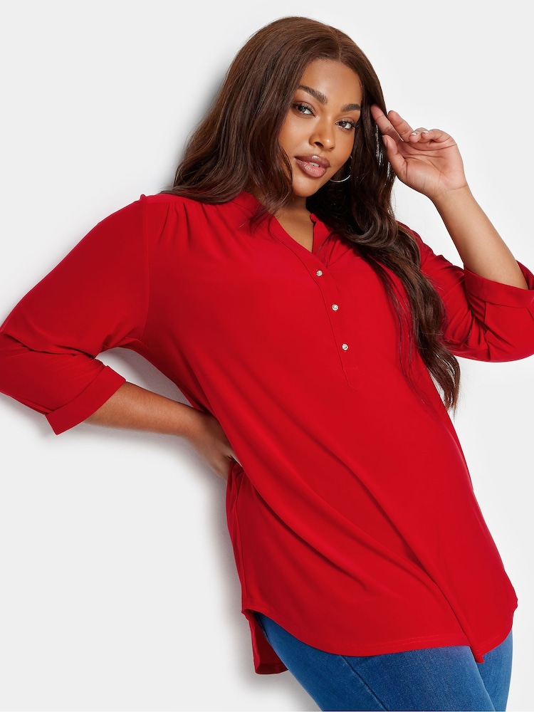 Yours Curve Red Half Placket Jersey Top - Image 1 of 4