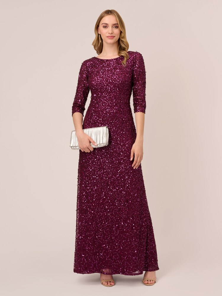 Adrianna Papell Red 3/4 Sleeve Beaded Mermaid Gown - Image 3 of 6