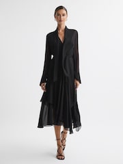 Reiss Black Callie Belted Ruffle Midi Dress - Image 1 of 5