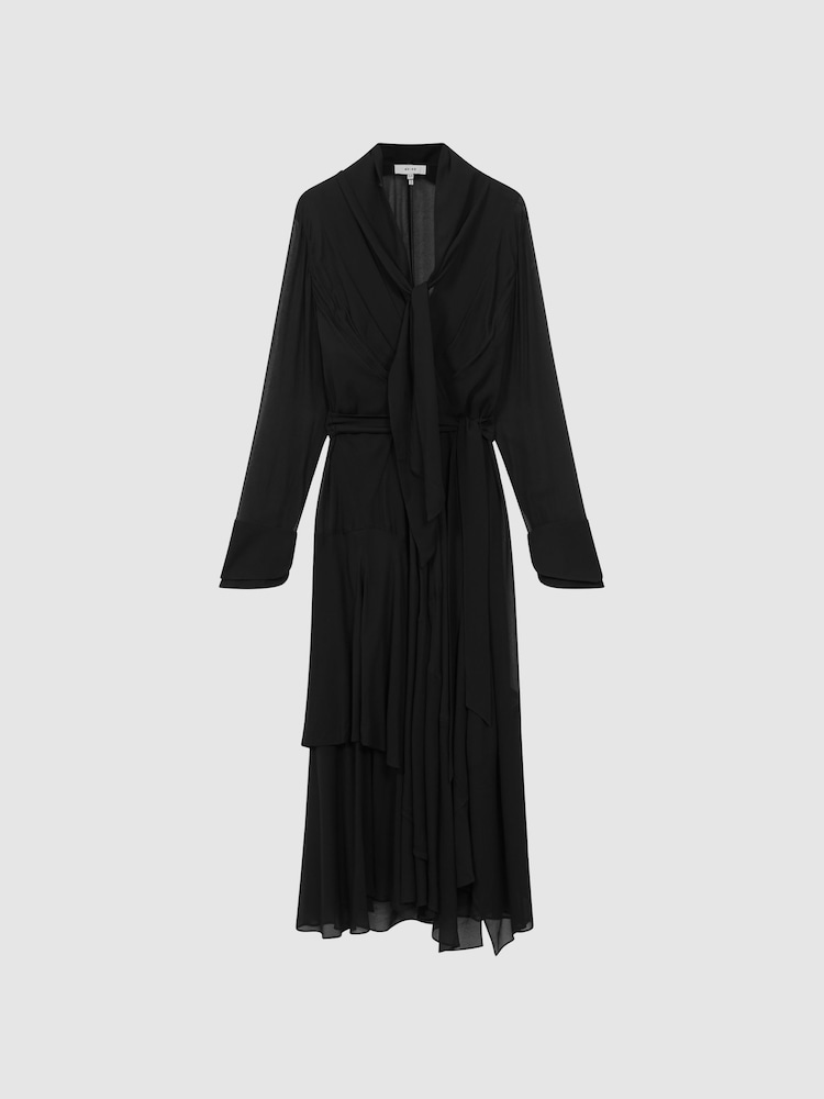 Reiss Black Callie Belted Ruffle Midi Dress - Image 2 of 5