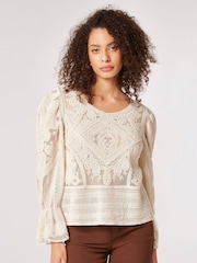 Apricot Cream Thick Cotton Embroidered Mesh Top - Image 1 of 5