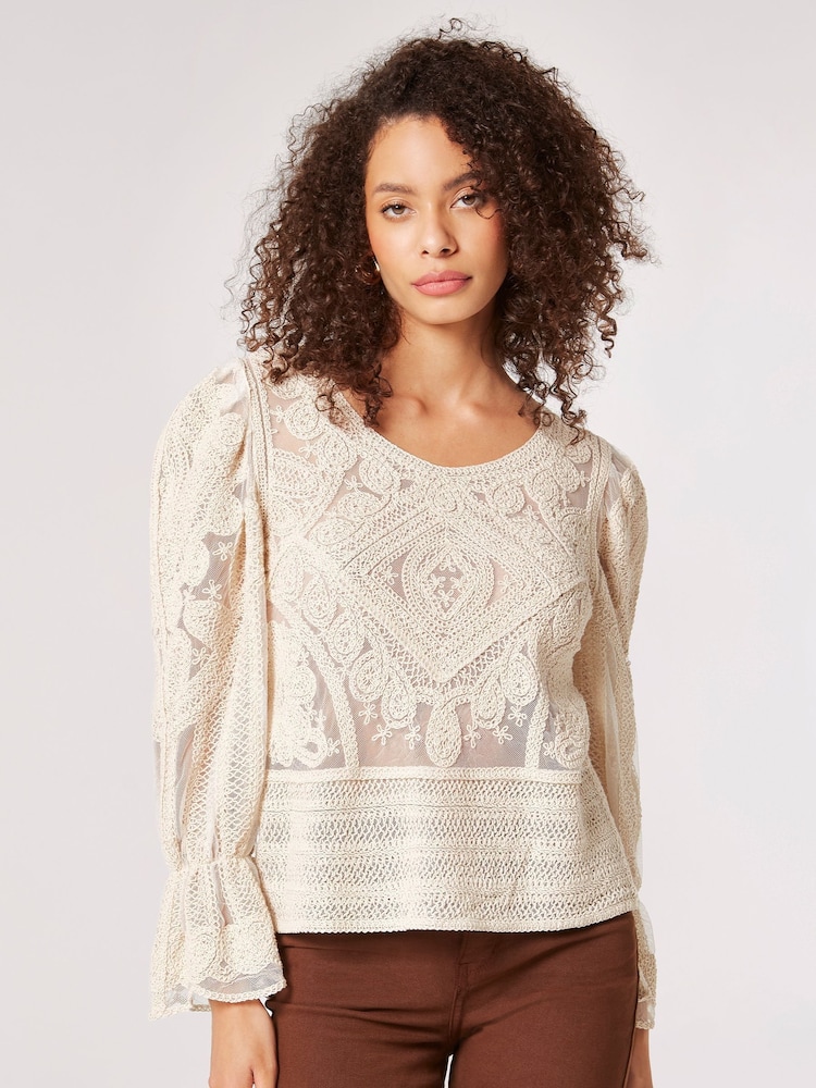 Apricot Cream Thick Cotton Embroidered Mesh Top - Image 1 of 5 Apricot Cream Thick Cotton Embroidered Mesh Top - Image 1 of 5