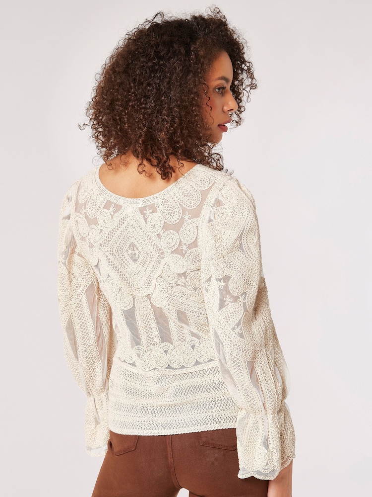 Apricot Cream Thick Cotton Embroidered Mesh Top - Image 2 of 5
