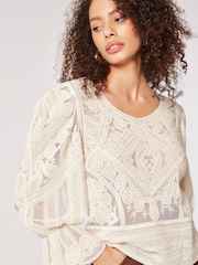 Apricot Cream Thick Cotton Embroidered Mesh Top - Image 4 of 5
