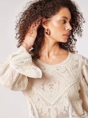 Apricot Cream Thick Cotton Embroidered Mesh Top - Image 5 of 5