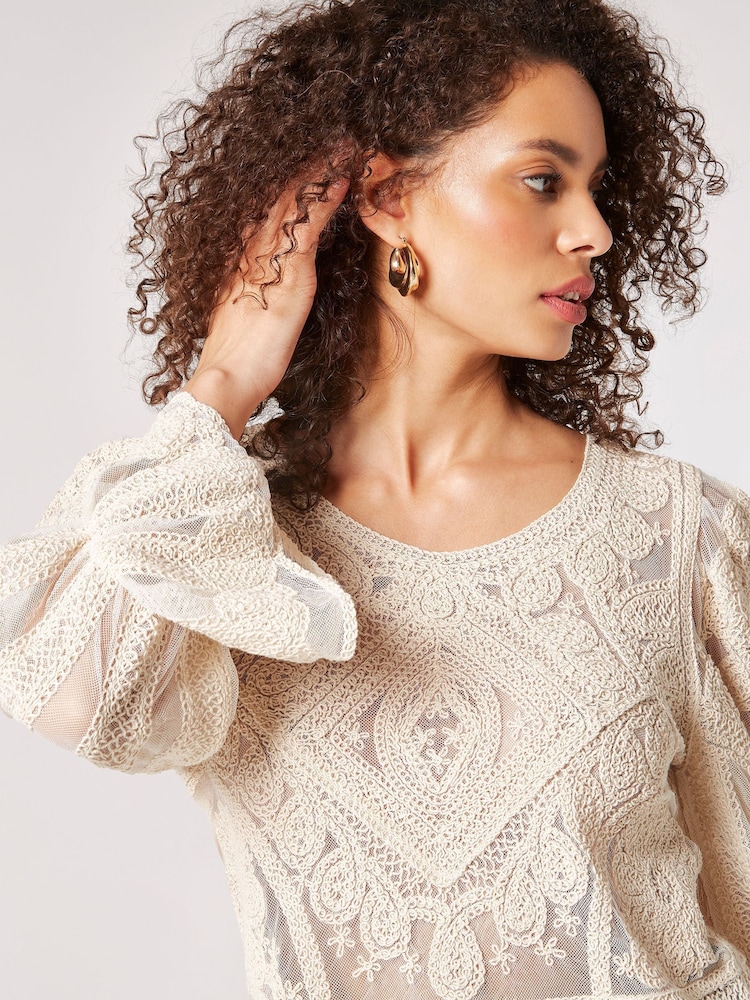 Apricot Cream Thick Cotton Embroidered Mesh Top - Image 5 of 5